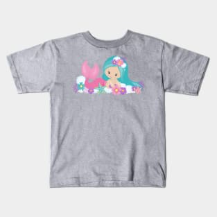 Cute Mermaid, Little Mermaid, Flowers, Blue Hair Kids T-Shirt